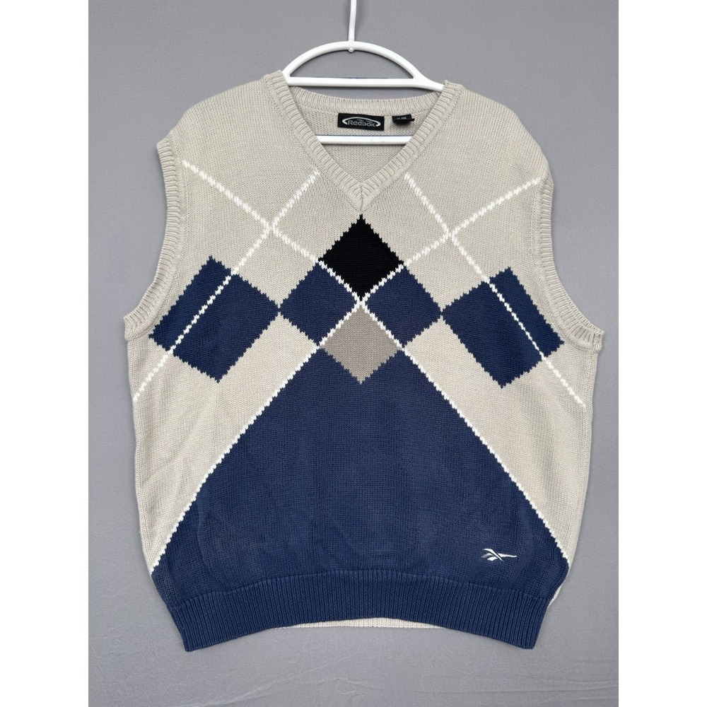 Vintage Reebok Pullover Sweater Vest Mens XL Diamond Knit Blue Preppy Argyle Y2K